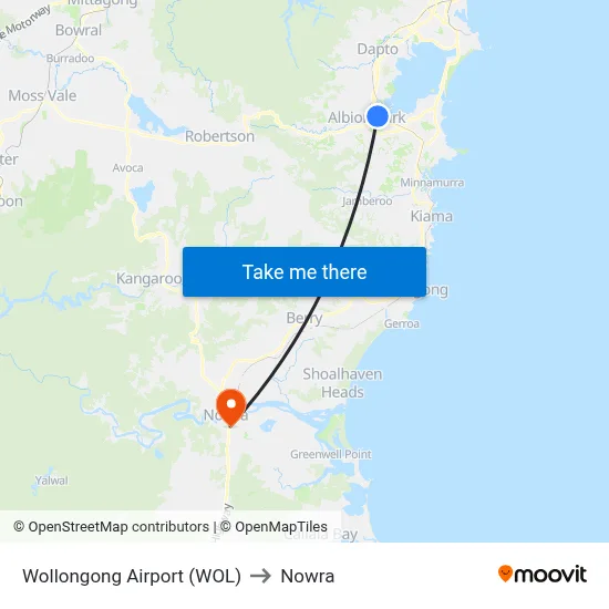 Wollongong Airport (WOL) to Nowra map