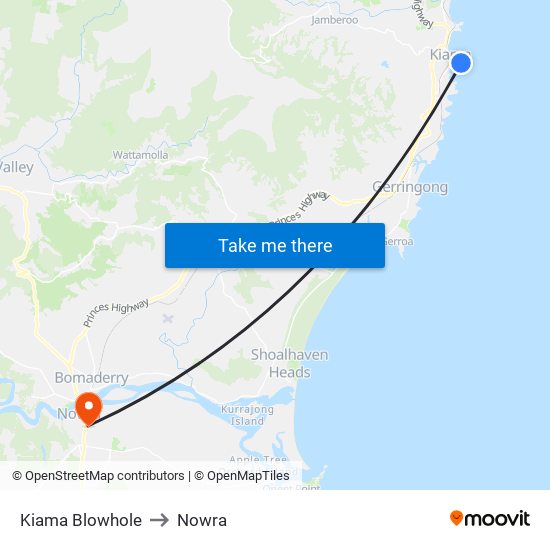 Kiama Blowhole to Nowra map