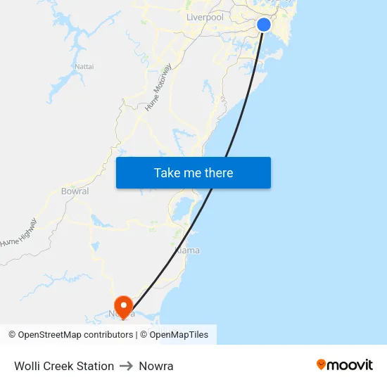 Wolli Creek Station to Nowra map