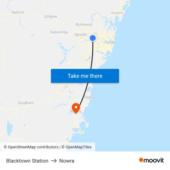 Blacktown Station to Nowra map