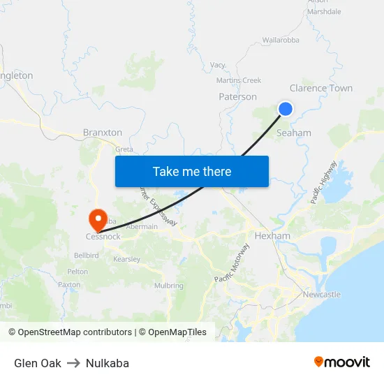 Glen Oak to Nulkaba map