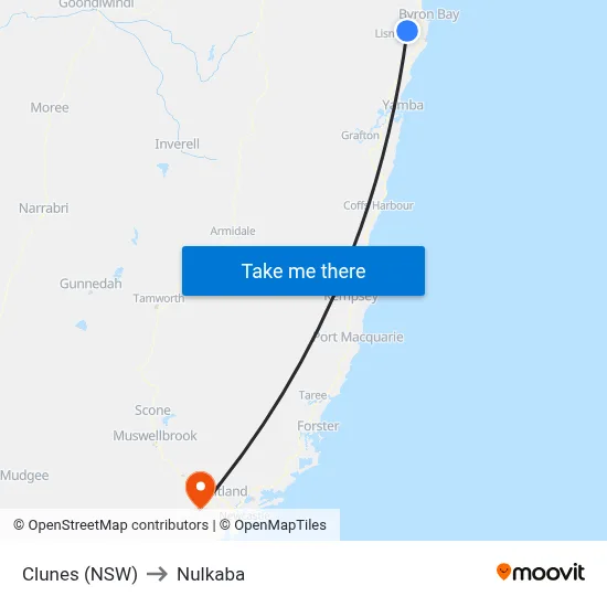 Clunes (NSW) to Nulkaba map