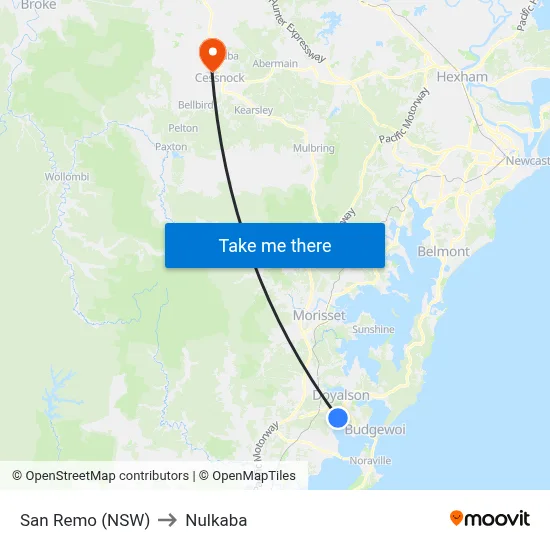 San Remo (NSW) to Nulkaba map