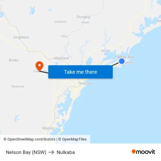 Nelson Bay (NSW) to Nulkaba map