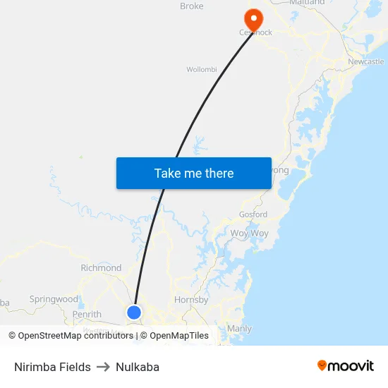 Nirimba Fields to Nulkaba map
