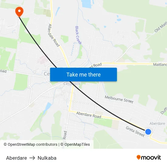 Aberdare to Nulkaba map