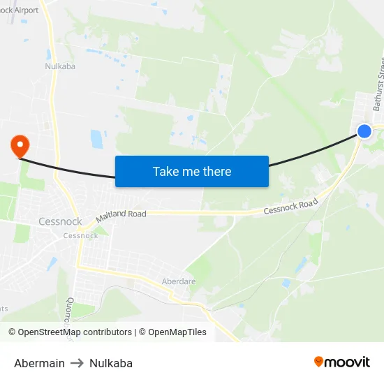 Abermain to Nulkaba map
