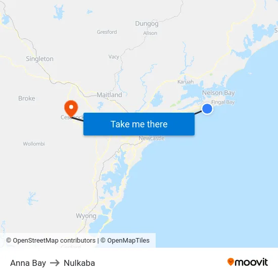 Anna Bay to Nulkaba map
