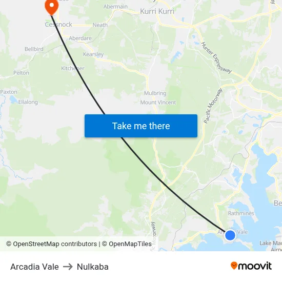 Arcadia Vale to Nulkaba map