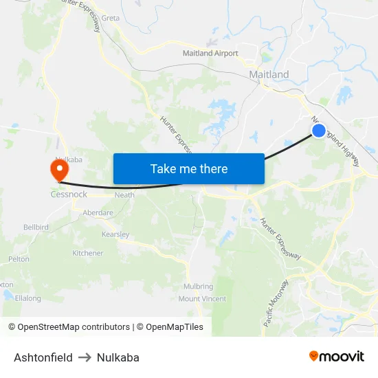 Ashtonfield to Nulkaba map