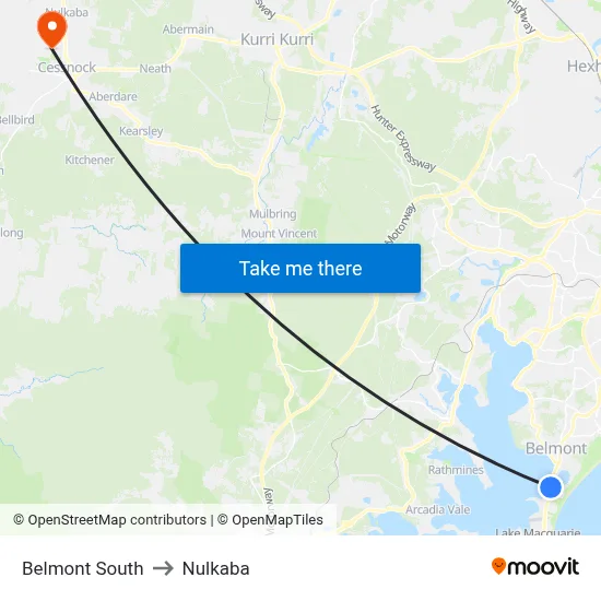 Belmont South to Nulkaba map