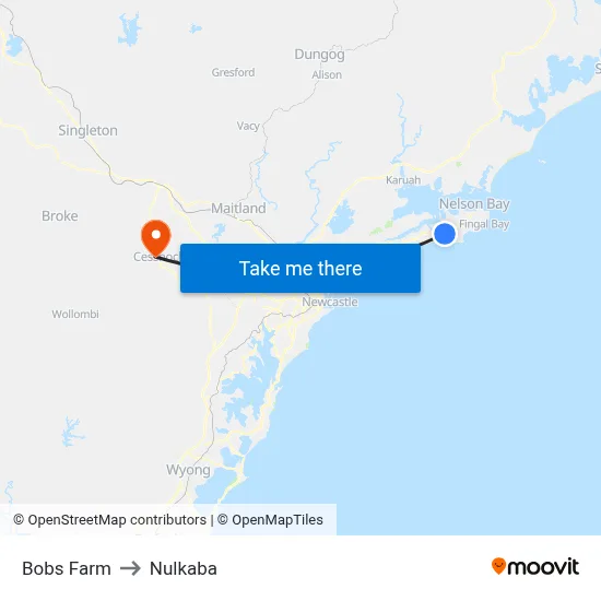 Bobs Farm to Nulkaba map