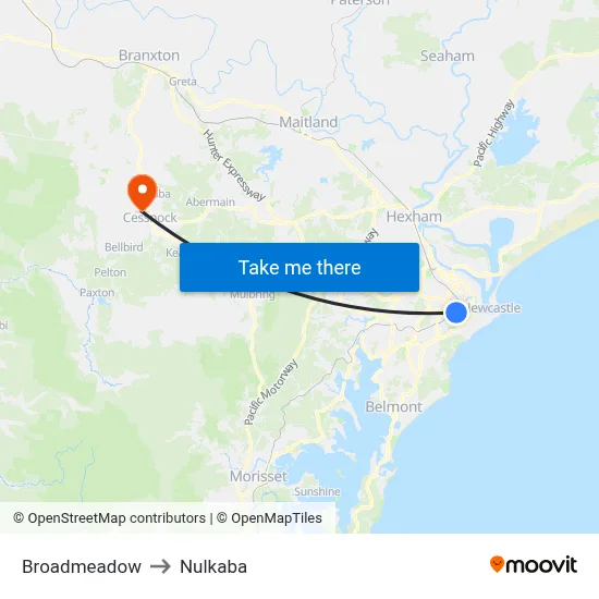 Broadmeadow to Nulkaba map