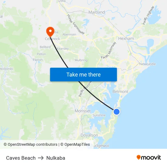 Caves Beach to Nulkaba map
