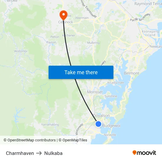 Charmhaven to Nulkaba map