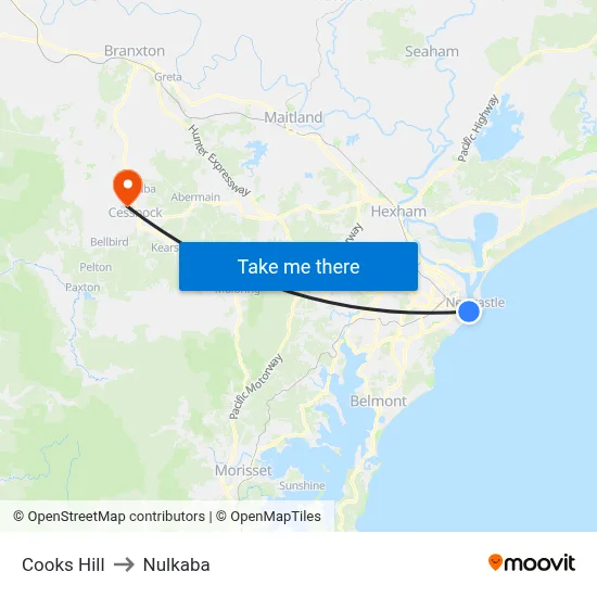 Cooks Hill to Nulkaba map