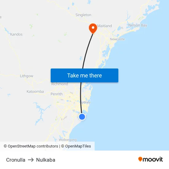 Cronulla to Nulkaba map