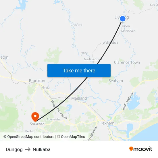 Dungog to Nulkaba map