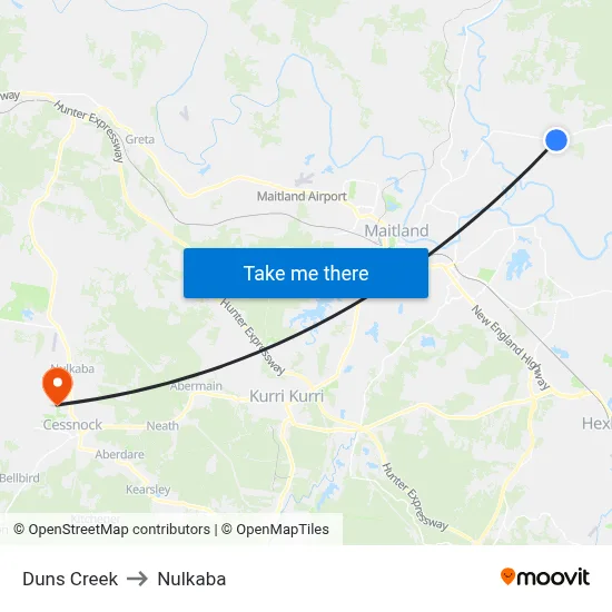 Duns Creek to Nulkaba map