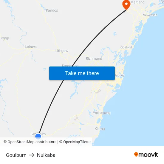 Goulburn to Nulkaba map