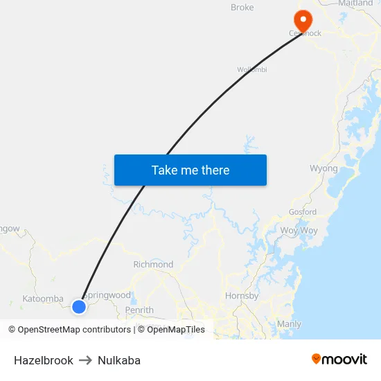 Hazelbrook to Nulkaba map
