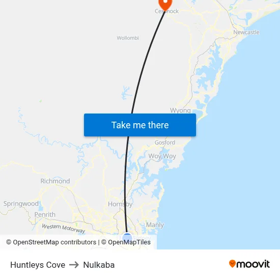 Huntleys Cove to Nulkaba map