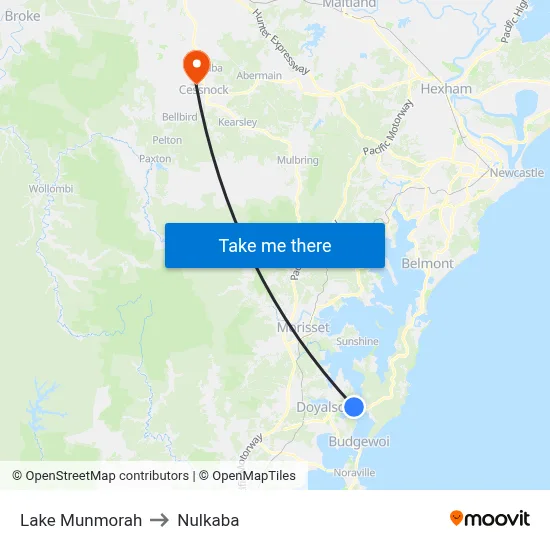 Lake Munmorah to Nulkaba map