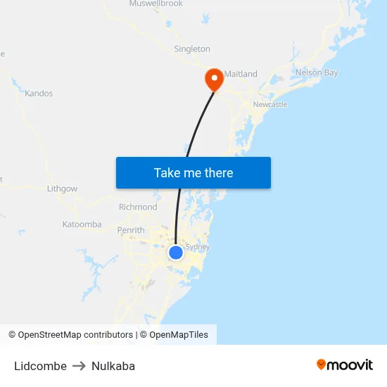 Lidcombe to Nulkaba map
