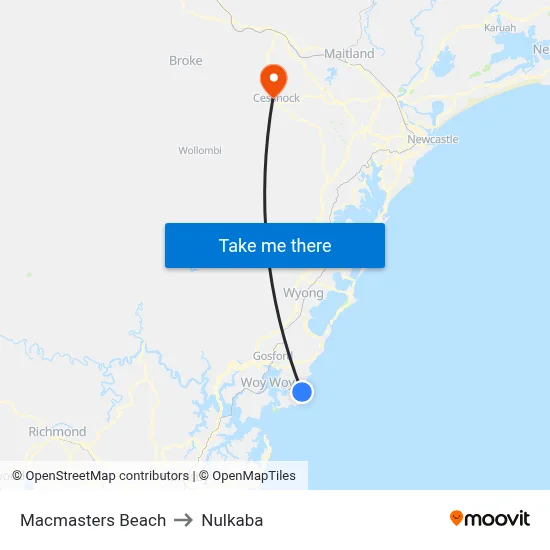 Macmasters Beach to Nulkaba map