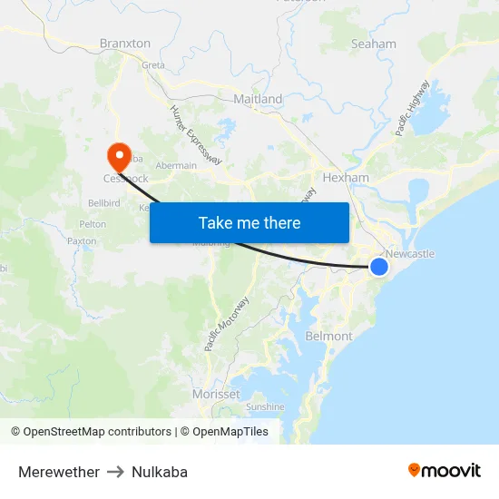 Merewether to Nulkaba map