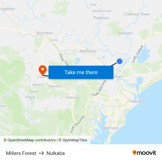Millers Forest to Nulkaba map