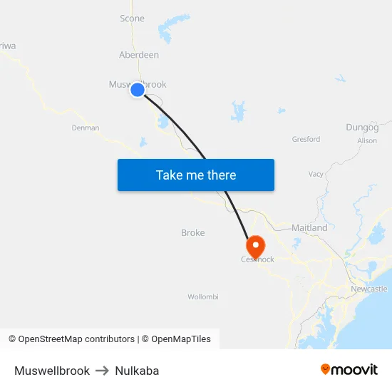 Muswellbrook to Nulkaba map