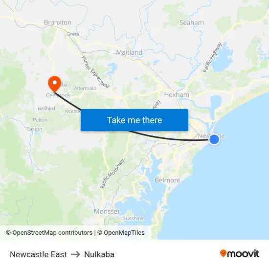 Newcastle East to Nulkaba map