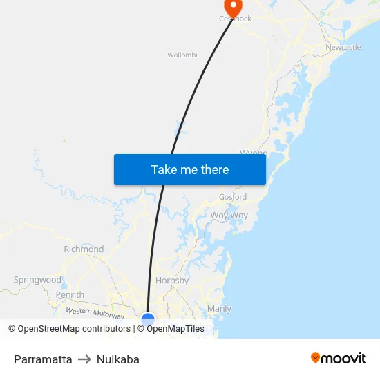 Parramatta to Nulkaba map