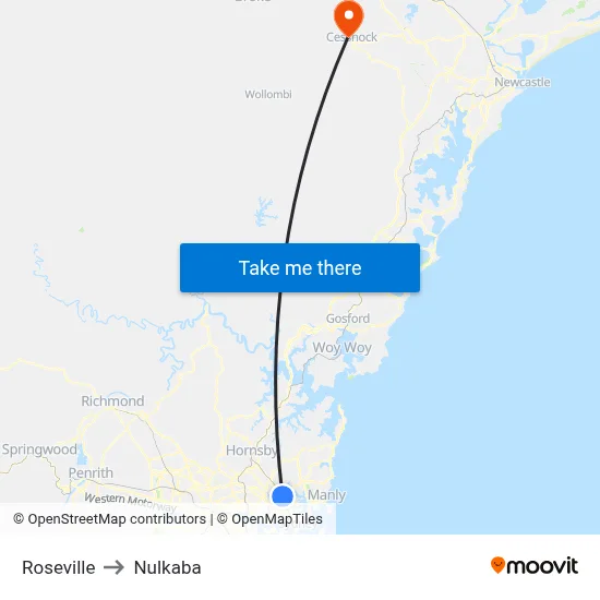 Roseville to Nulkaba map