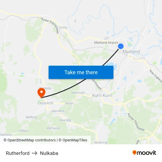 Rutherford to Nulkaba map