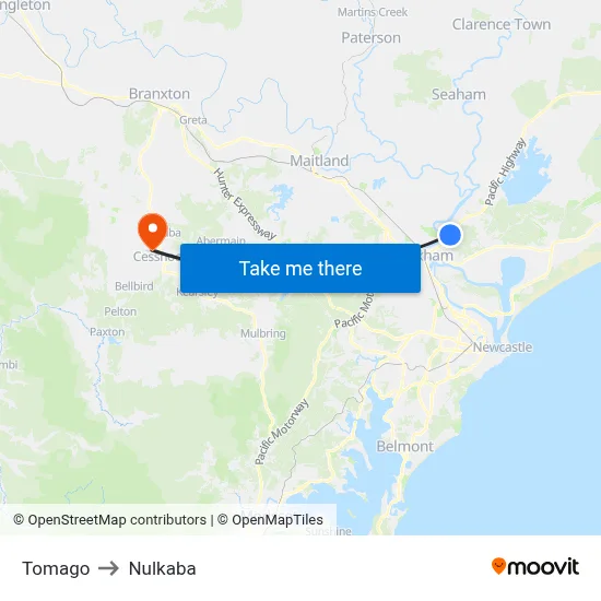 Tomago to Nulkaba map
