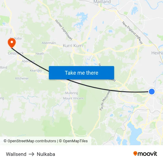 Wallsend to Nulkaba map