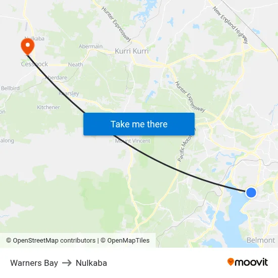 Warners Bay to Nulkaba map