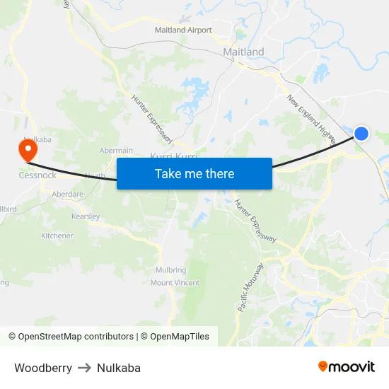Woodberry to Nulkaba map