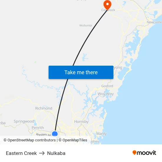 Eastern Creek to Nulkaba map