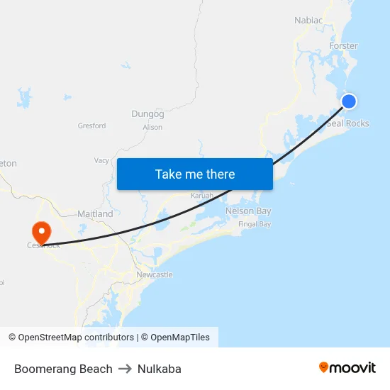 Boomerang Beach to Nulkaba map