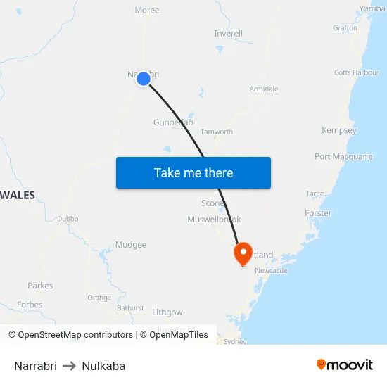Narrabri to Nulkaba map
