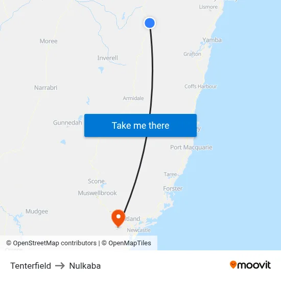 Tenterfield to Nulkaba map