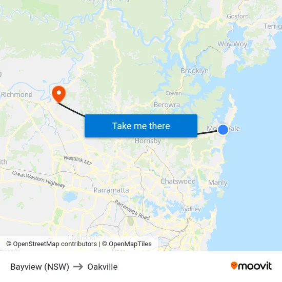 Bayview (NSW) to Oakville map