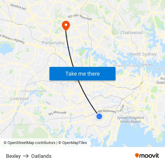 Bexley to Oatlands map