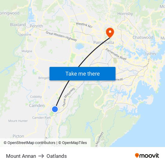 Mount Annan to Oatlands map