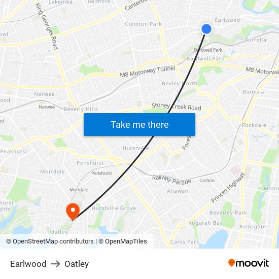 Earlwood to Oatley map