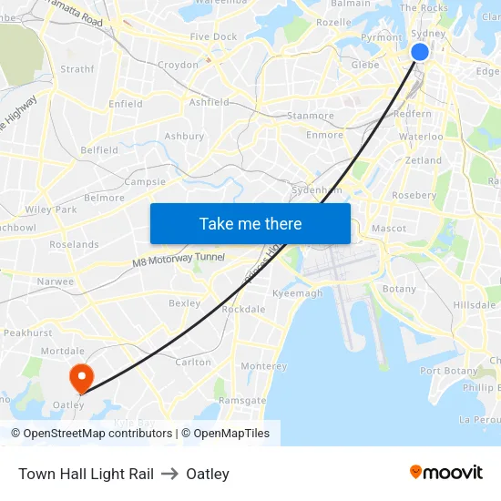 Town Hall Light Rail to Oatley map