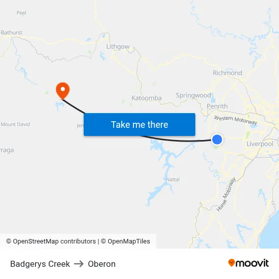 Badgerys Creek to Oberon map